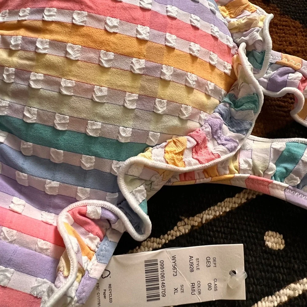 Ruffle french bikini top in rainbow seersucker - Picture 7 of 9